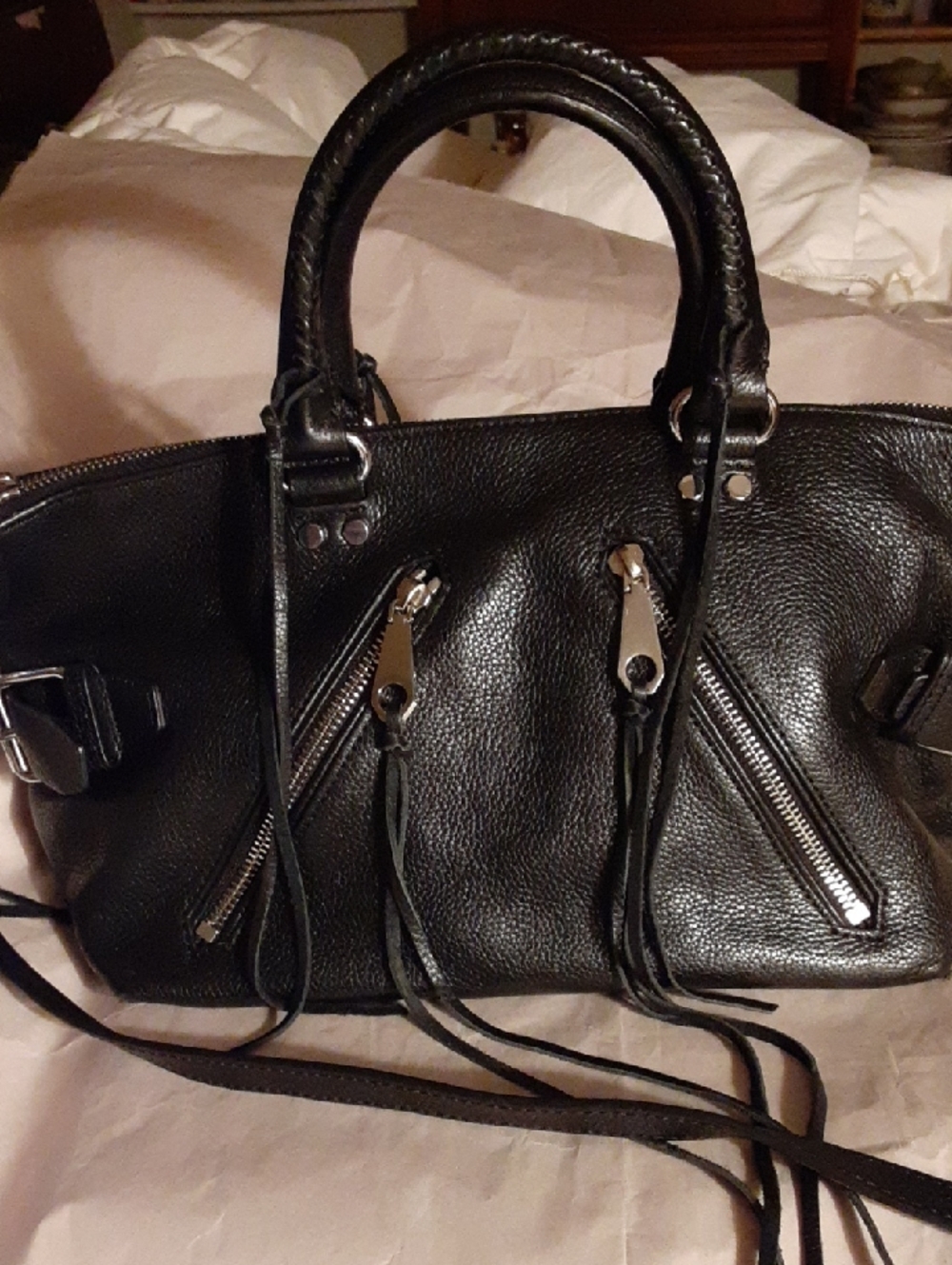 Women's Black Leather Moto  Tote Satchel Handbag with Tassel Zippers